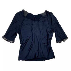 Jaga Blouse Size 3 Large Black Satin Raw Neckline Sleeve Fringe Designer $400